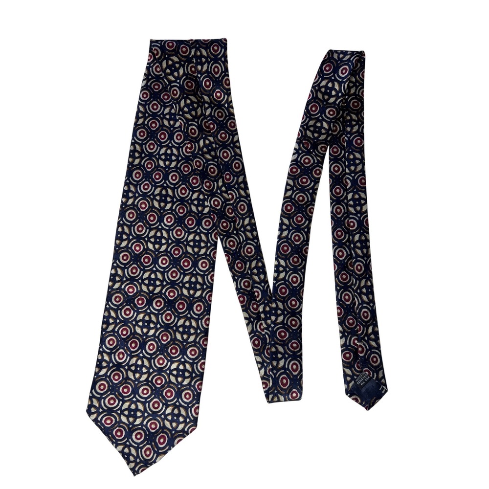 Bachrach Mens Silk Tie Navy Blue Burgundy Geometric Medallion Made in Italy